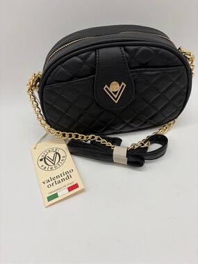 Valentino Orlandi Black Quilted Crossbody with Gold Chain Accent NWT